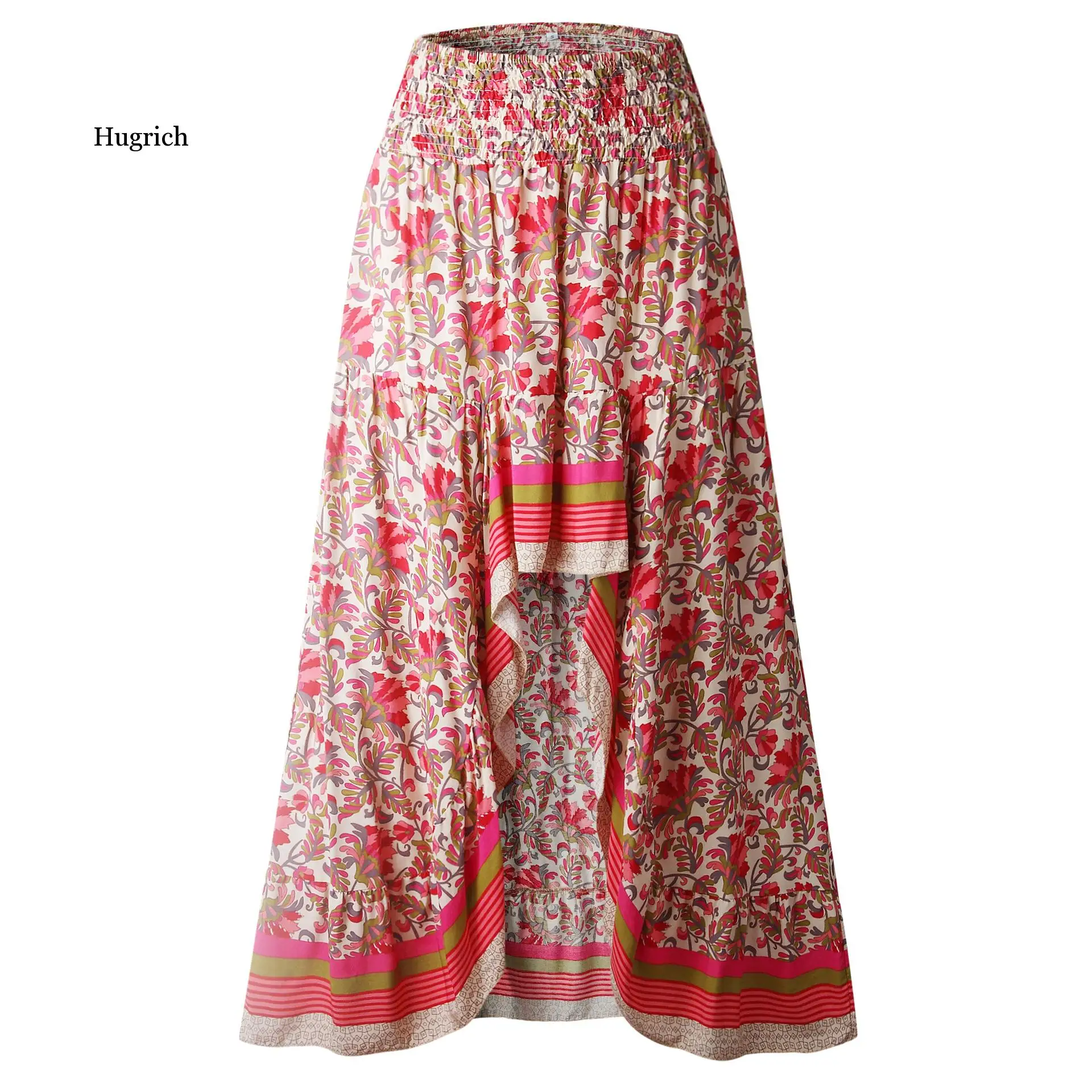 Fashion Unique Design Front Short Rear Length Print Maxi Skirts Women Sexy High Waist Boho Beach Elegant Irregular Long Skirts