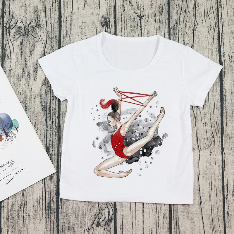 

Novelty design Watercolor Ballet Dancer Print Girl White T-shirt Gymnastics Dance Children Baby T-shirt Kids Casual T-shirt Tops