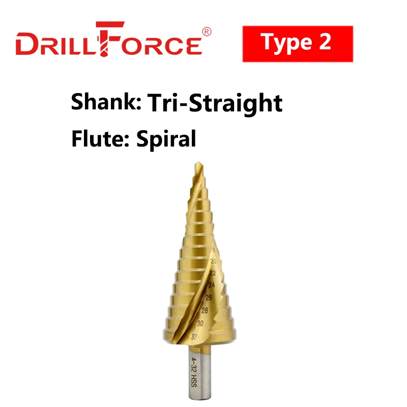 Drillforce التيتانيوم خطوة لقمة ثقب HSS دوامة مستقيم مخدد مثلث عرافة تغيير سريع عرقوب المعادن النجارة ثقب القاطع