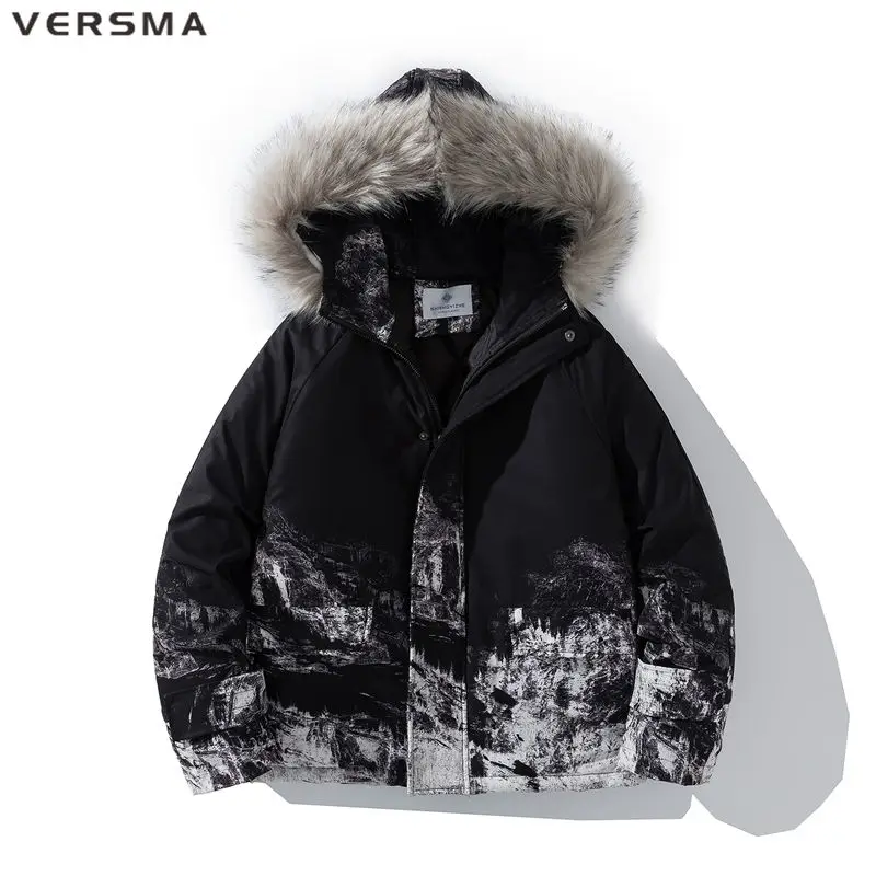 VERSMA Japanischen Harajuku Trendy Schnee Berg Print Parka Männer Winter Warme Dicke Baumwolle Gepolsterte Unisex Pelz Parka Männlichen Dropshipping