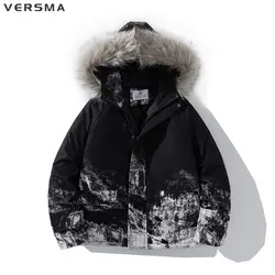 VERSMA Japanese Harajuku Trendy Snow Mountain Print Parka Men Winter Warm Thick Cotton Padded Unisex Fur Parka Male Dropshipping