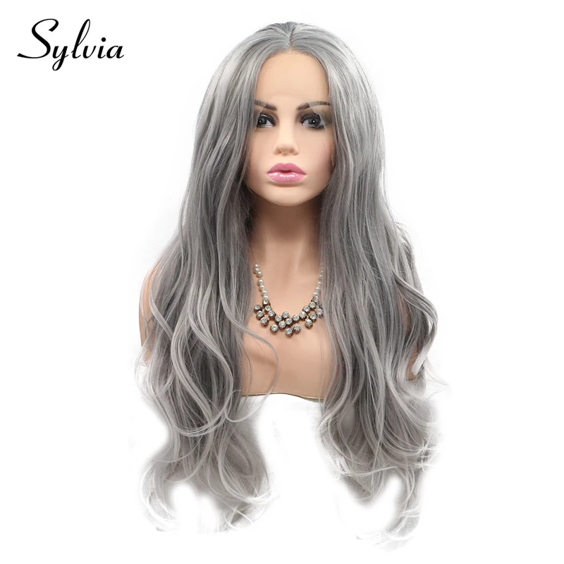 Straight Synthetic Lace Front Wig Gray Cosplay Curly Body Wave MiddlePart Glueless Hair Frontal Wigs For Black Women Pre Plucked