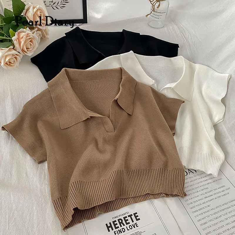 

Pearl Diary Women Knitted Crop Tops Summer Short Sleeve Korean Style Solid Color Casual Knit Tops V Neck Loose Polo Shirts Chic