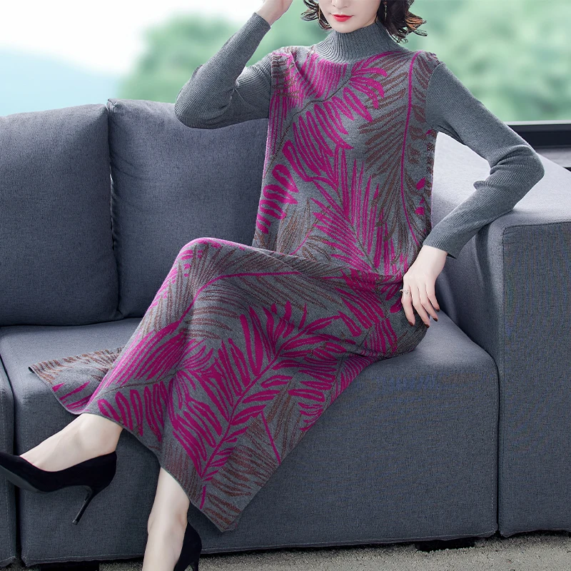 2024 Autumn Women Print Casual Loose Elegant Maxi Sweaters Winter Vintage Knitted Bodycon Turtleneck Sweater Dress