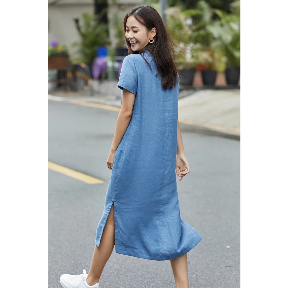 New Cotton Llinen Women's Dress Retro Embroidery Long Dress Purple Tea Suit Woman Long Summer Dress