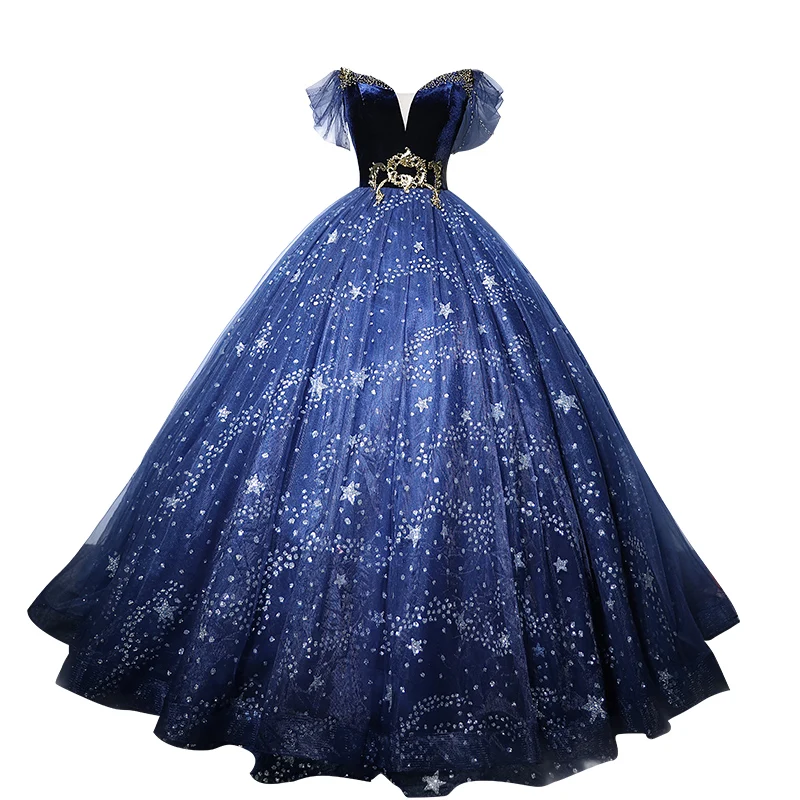 navy/black stars beading Quinceanera ball gown long dress vintage medieval Renaissance princess Victoria/party