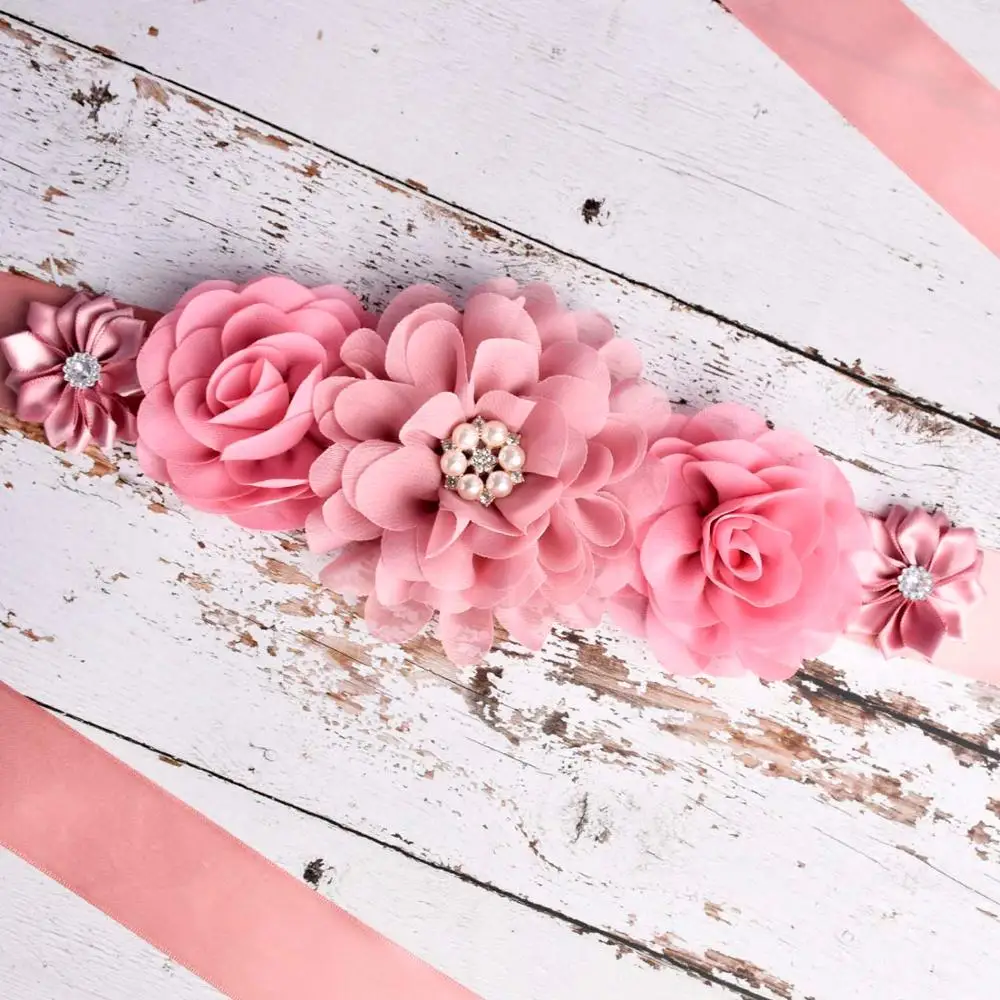 Maternity Sash Dusty Rose Flower Sash Pregnancy Belly Belt Photo Props Gift Baby Shower Party Sash Flower Girl Belt