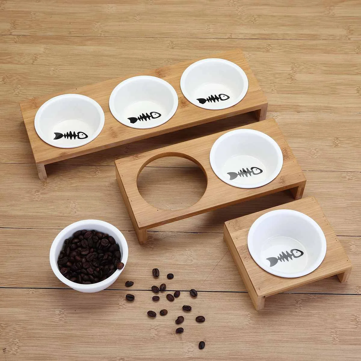 1/2/3 Bowls Cat Dog Feeders Bowl Ceramic Tableware Pet Food Water Bowl Bamboo Frame Antiskid Pet Supplies Dog Cat Feeding Bowl