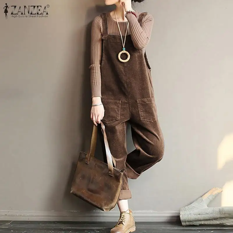 

Kaftan Corduroy Jumpsuits Women's Overalls Casual Rompers 2023 ZANZEA Spring Suspender Button Playsuits Female Solid Pant Turnip