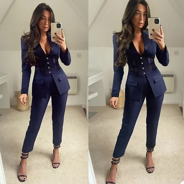 Elegant Fashion Women Suits Tight Waist V Neck Custom Made Pocket Blazer Pencil Pants Streetwear Office Lady Daily Coat 2 Pieces