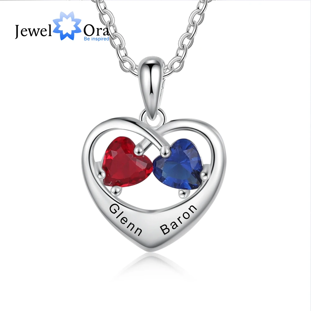 Romantic Customized Heart Pendant Necklace with 2 Birthstones Personalized Engraving Name Silver Color Jewelry Valentines Gifts