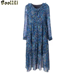 Real Silk Boollili Dress Women Spring Autumn 100% Real Silk Women Dress Vintage Print Party Dresses Women Vestidos