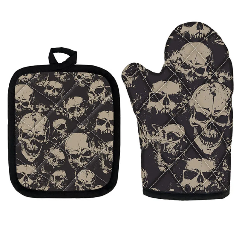 Microwave Oven Gloves Heat Resistant Halloween Gothic Skull Kitchen Cooking Oven Mitts And Pot Holders Sets For Bbq Grilling