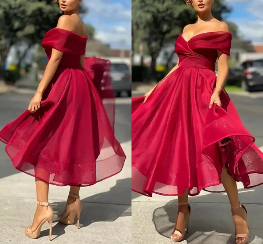 

Burgundy A-Line Tea Length Prom Dresses 2022 Off Shoulder Organza Robe De Soiree Vestidos Fiesta Evening Formal Gown