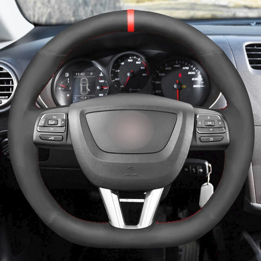 Hand-stitched Black Suede Car Steering Wheel Cover for Seat Leon (FR|CUPRA) MK2 1P 2009 2010 2011 2012