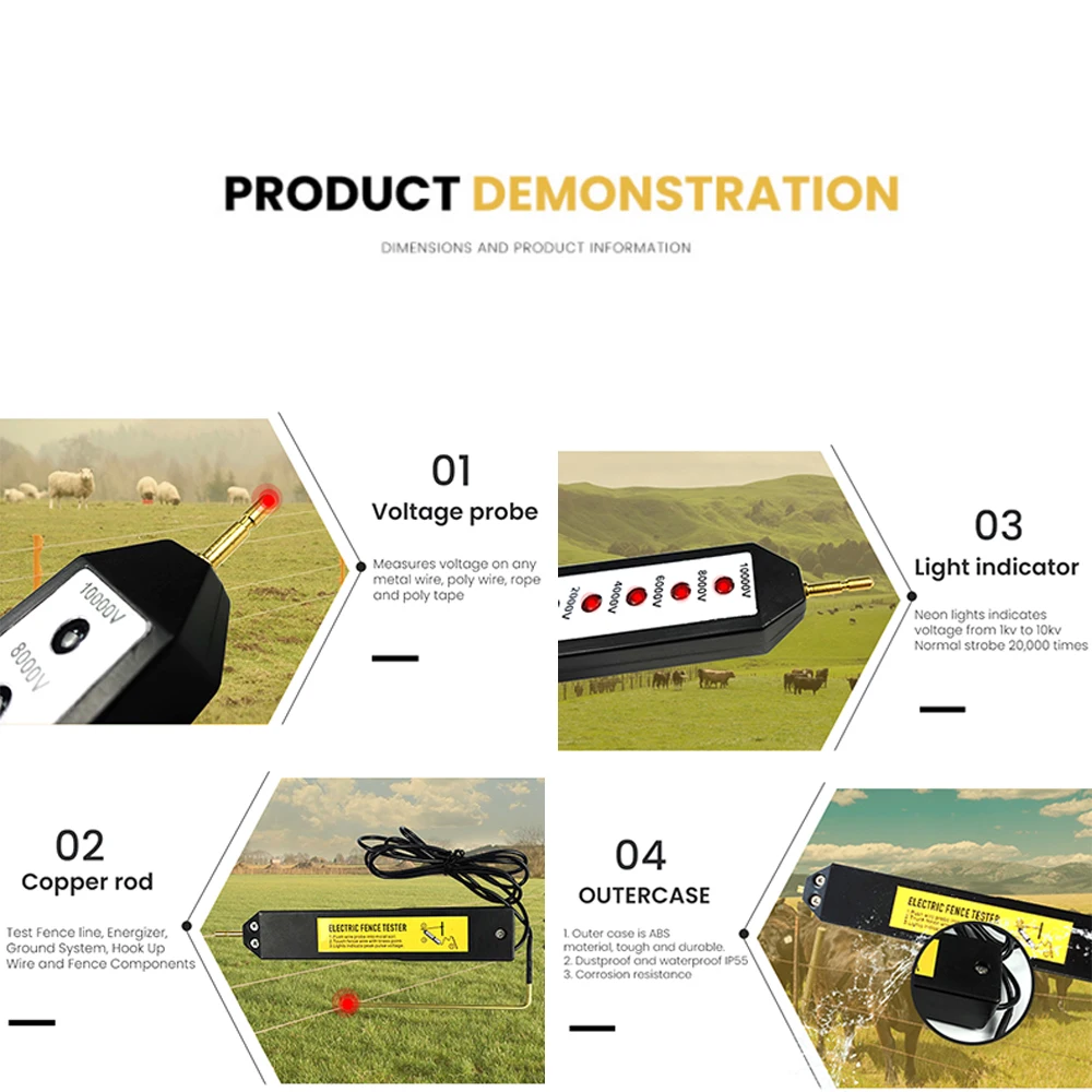 6 lights 10kv Durable Plastic DIGITAL ELECTRIC FENCE TESTER, New !