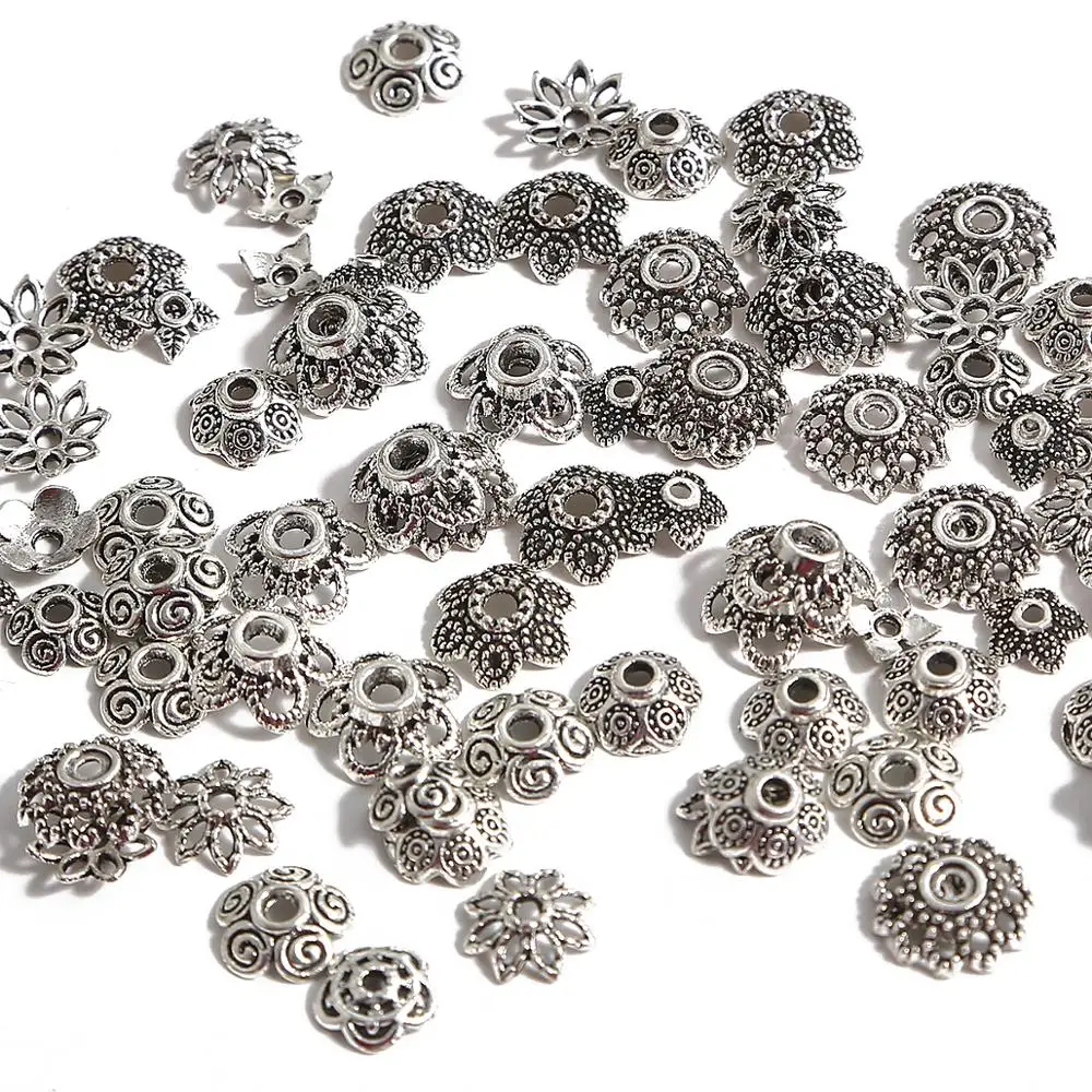 Mix 20Styles 50pcs Silver 6-14mm Flowers Filigree Petal End Caps Findings End Spacer Charms Bead Cap For Jewelry Making Supplies