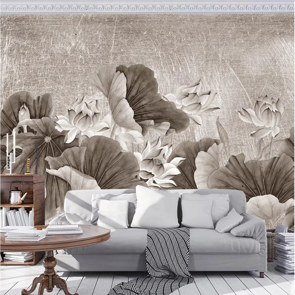 mi'lo'fi custom large-scale wallpaper mural 3d Chinese style relief mood lotus large model room background wallpaper mural