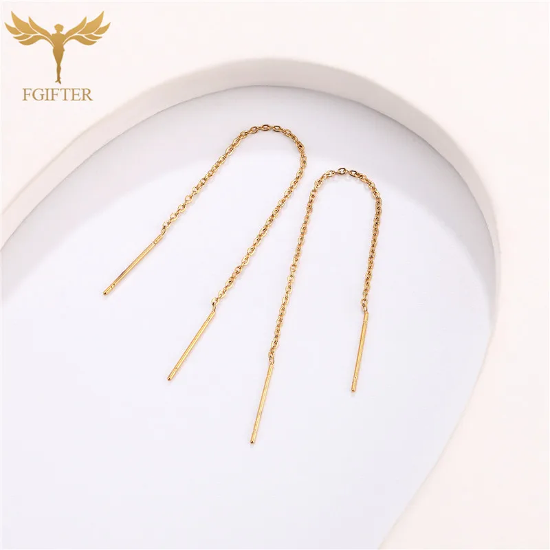 Golden Chain Earrings for Women Girls Stainless Steel Link Double Piercing Ear Jewelry Long Thread Tassel Dangle Drop Earrings