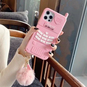 3D Silikon Telefon Kılıfı iPhone Sevimli Kapak Saç Topu Püskül Anahtarlık 15 14 13 Pro Max 12 Mini 11 Pro Max 7 8 Artı XS Max XR SE