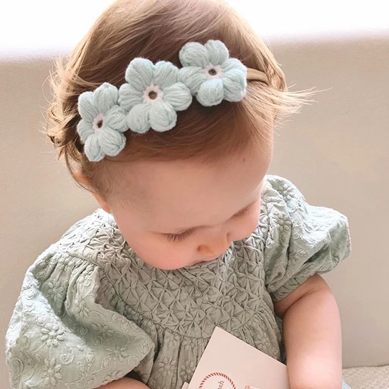 Diademas Vintage de nailon para bebé, diademas elásticas de lana hechas a mano con flores de ganchillo, pinzas para el pelo para niñas, accesorios para el cabello para niños