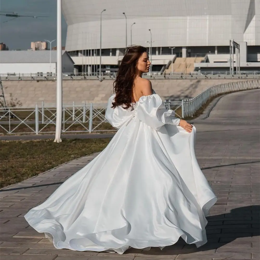 Lindo vestido de casamento de cetim com manga bufante, a-linha, vestidos de noiva femininos com ombro nu, amor, design exclusivo, branco, 2021