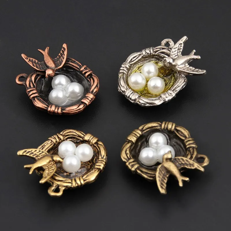 8pcs 4 Colors  Cute Bird Nest Charms with Bird and Three Eggs Metal Bracelet Necklace Jewelry Findings A446/745/744/408