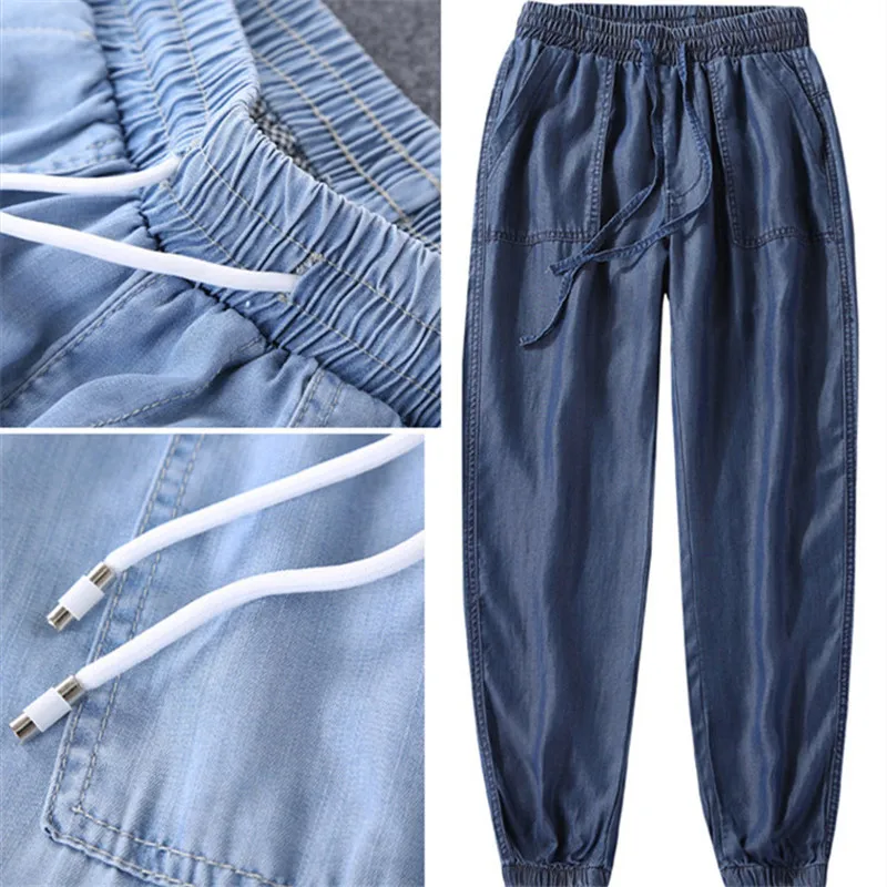 Damen lose Harems hose für Krawatten füße hohe Taille Hose plus Größe weich cool aus weiblichen Jeans hosen Frühling Herbst plus Größe