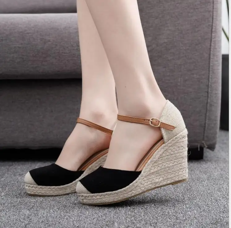 Fashion buckle color block sandals Shoes Suede Wedges High Ankle Sandals Round Toe Casual Shoes High Slope Round Head Sandals