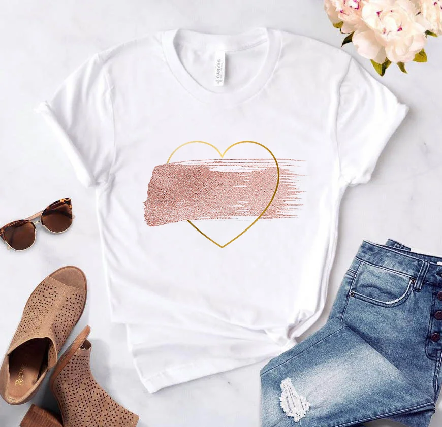 Summer T-shirt Women 90'S Girls Tshirt Fun Aesthetic Heart Shaped Love Printed T shirt Round Neck Short Sleeve Tops Tee