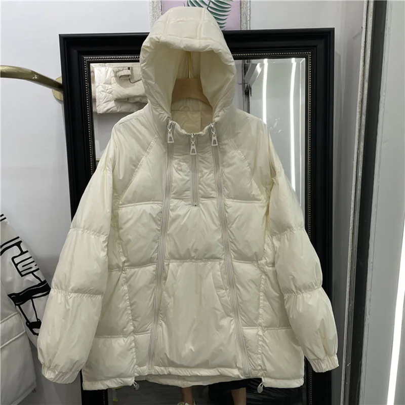 2024 New Winter Women Hooded White Duck Down Jacket Female SolidHooded Down Loose Zippers Jackets Lady Warm Snow Coat