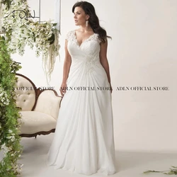 Elegant Plus Size Wedding Dresses Customized V-neck Cap Sleeves Robe de Mariage Sweep Train Appliqued Open Back Bridal Gown