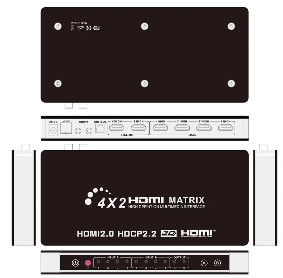 Hdmi 2.0マトリックス4x2 4k 60hz hdcp 2.2 edidコントロールhdmi 2.0スイッチャーマトリックススプリッター4入力2出力4k hdmi 1.4v