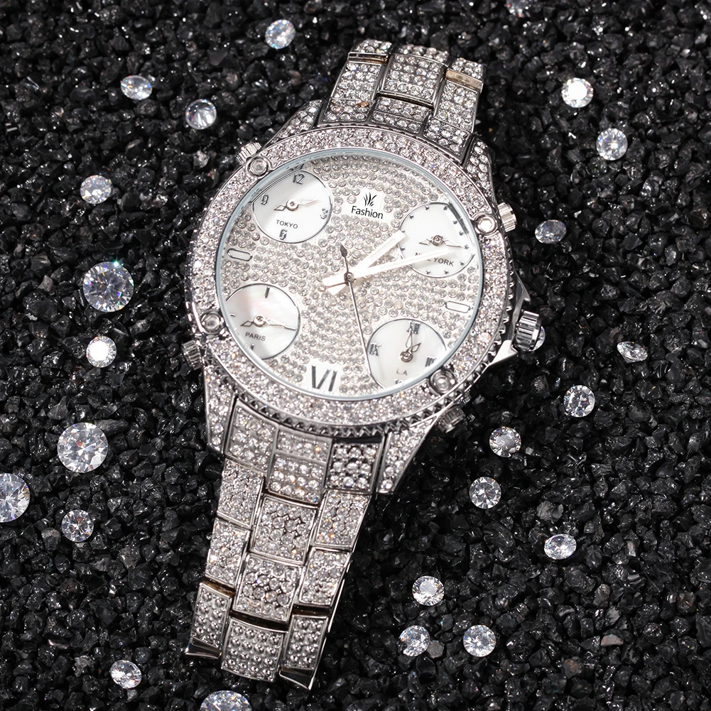 THE BLING KING Full Iced Out Drill Men Watches Stainless Steel Luxury Rhinestones Quartz Square Business Watch Jewelry