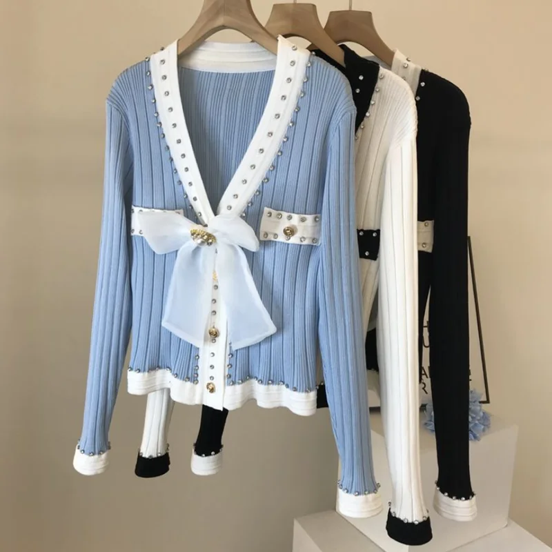 

2021 new diamond hit color V-neck big bow short long-sleeved sweater cardigan women