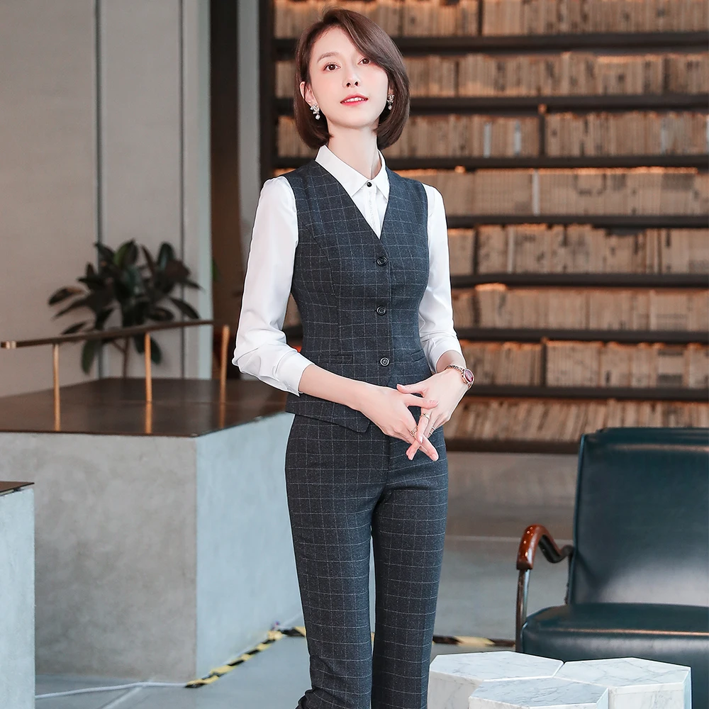 Women Slim S-4XL Pant Suit Sleeveless Gray Blue Plaid Vest Blazer and Trousers Two Pieces Set for Office Ladies Work Wear