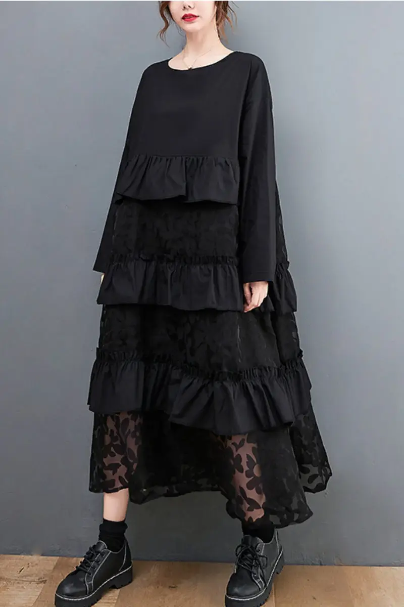 Large Fall Clothes For Women Loose Long Dress Mesh Splicing Temperament Cake Dress Casual Black Full Sleeve Robes M774