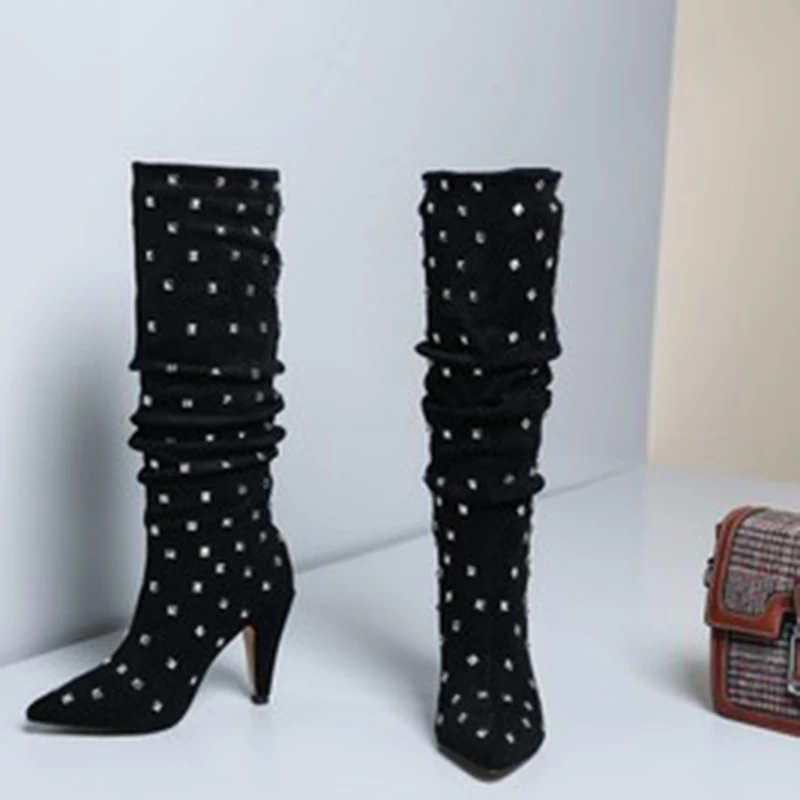 

New Black Leather Rivets Women High Heels Long Boots Fashion Studded Over the Knee Thigh High Boots Lady Real Photos Shoes