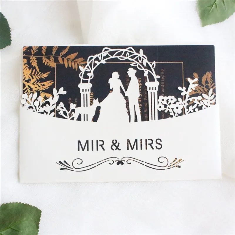 Ivory invitation card Mr Mrs dog floral laser cut anniversary valentine's day greeting card pocket personalized printing 50pcs