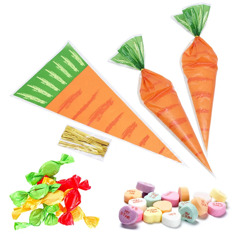 

20Pcs Carrot Pattern Packing Bag with Wire Metallic Twist Ties Sweet Candy Party Wedding/Baby Shower/Easter Favor Gift Bags