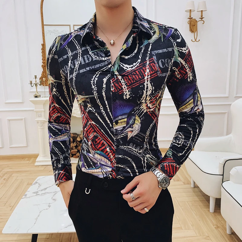 Velvet 2020 Winter Keep Warm Personality Printing Long Sleeve Shirt Vetement Homme Flower Shirt Men Formal Shirts For Men