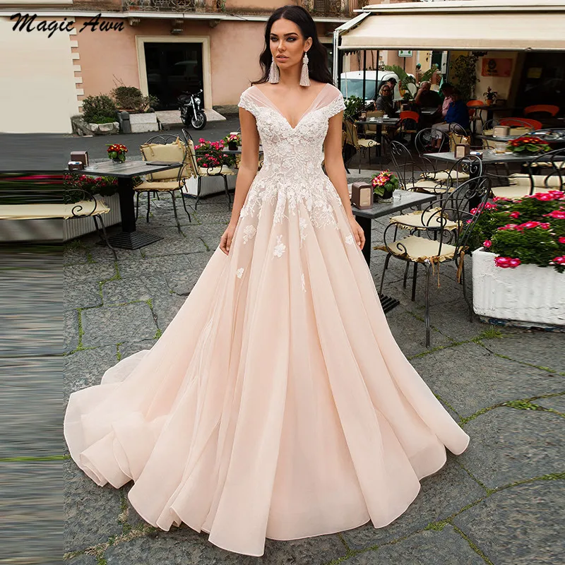 Magia awn boêmio champanhe vestidos de casamento rendas apliques fora do ombro ilusão princesa a linha vestidos de noiva branco