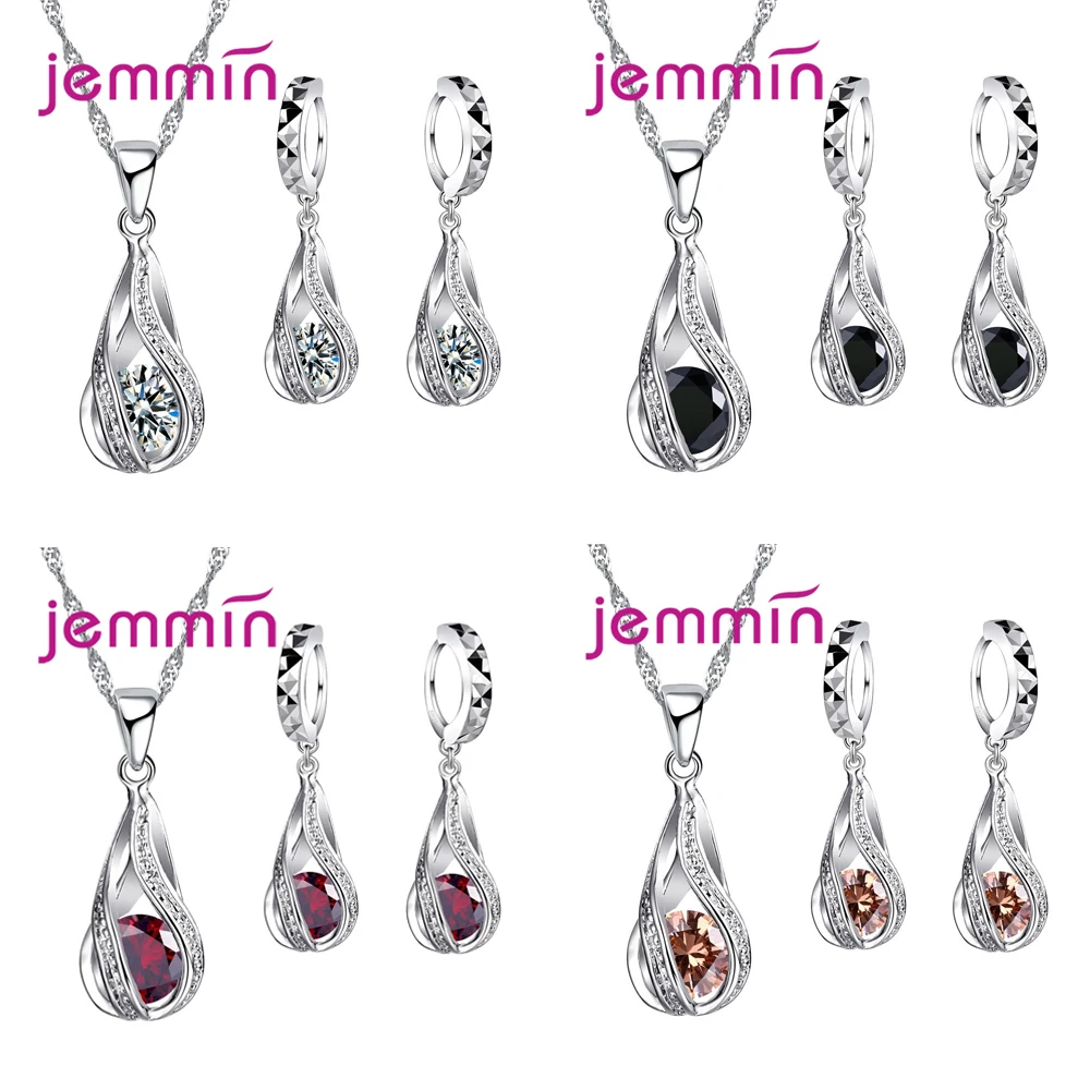 925 Sterling Silver  Classic Romantic Drop Shape White Crystal Jewelry Sets Water Wave Necklace Pendant Hoop Earrings