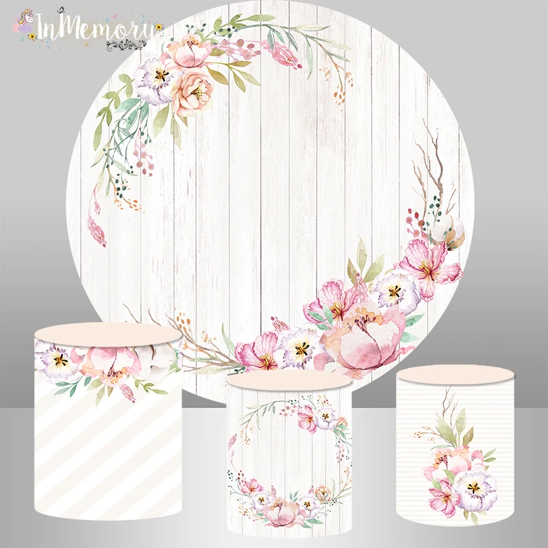 White Wooden Round Backdrop Cover for Baby Shower Newborn Kids 1st Birthday Party Decor Photo Studio Flowers Circle Background