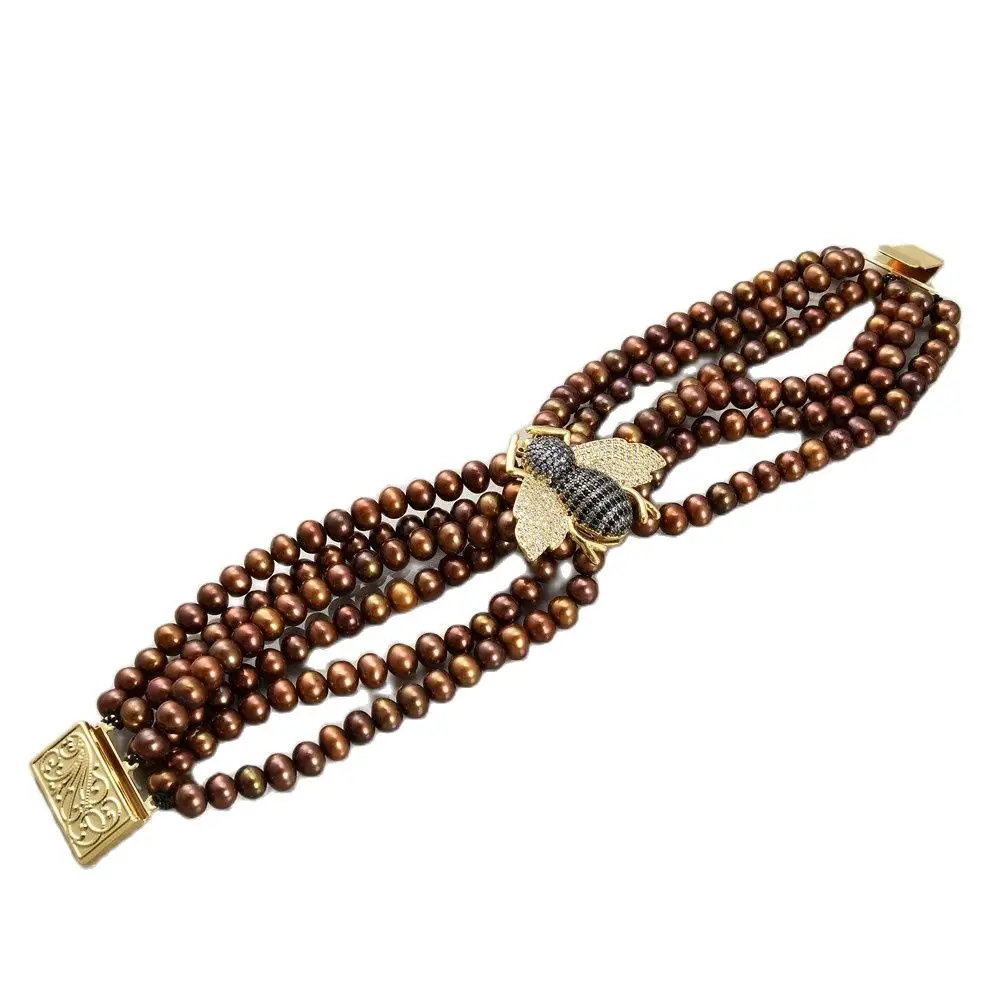 

GuaiGuai Jewelry 8'' 7 Strands Brown Pearl CZ Beetle Bracelet Women Lady Fashion Jewelry