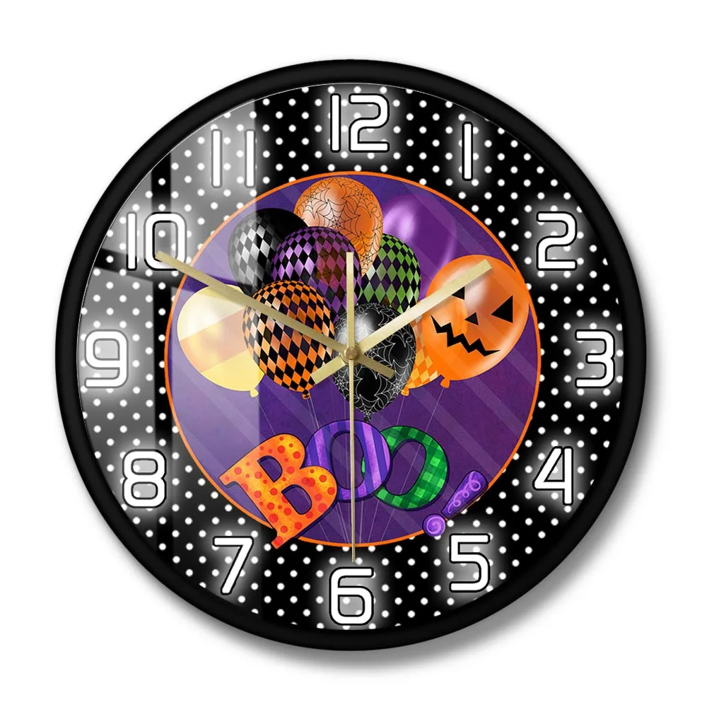 Halloween Balloons Boo Smiling Face Color Printed Wall Clock Scary Sign Ghost Spider Horror Spooky Home Decor Silent Sweep Watch