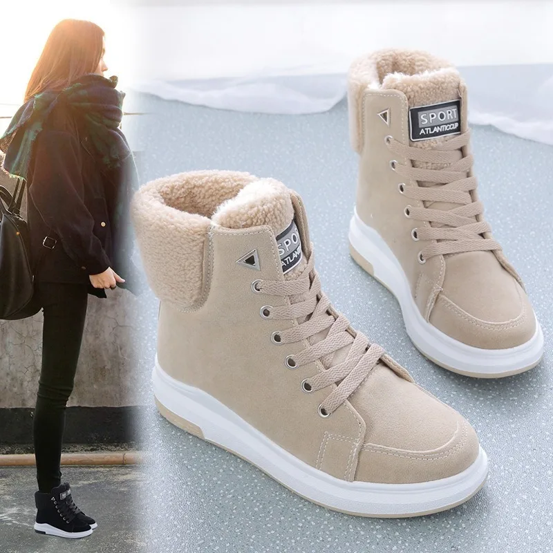 2020 Winter Boots Women Ankle Boots Warm PU Plush Winter Woman Shoes Sneakers Flats Lace Up Ladies Shoes Women Short Snow Boots