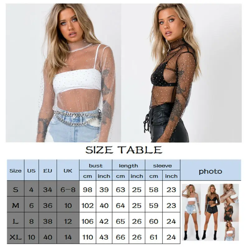 Hirigin 2021 Women Mesh Top Sexy Sheer T Shirt Transparent Tops Turtleneck See Through Clothes Female Costume Roupas Feminina