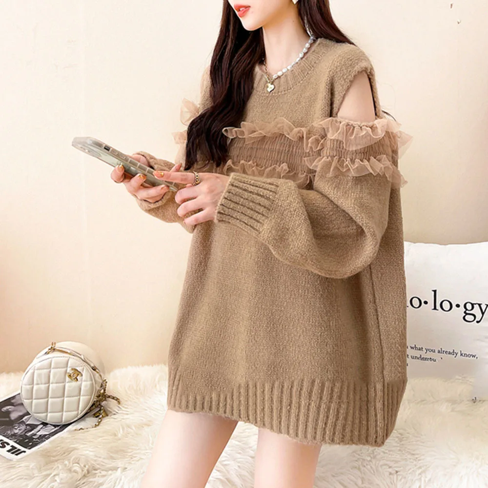 Women Strapless Sweater Korean New Autumn Winter Solid Knitted Pullovers Retro Lantern Sleeve O Neck Loose Jumper Pull Femme