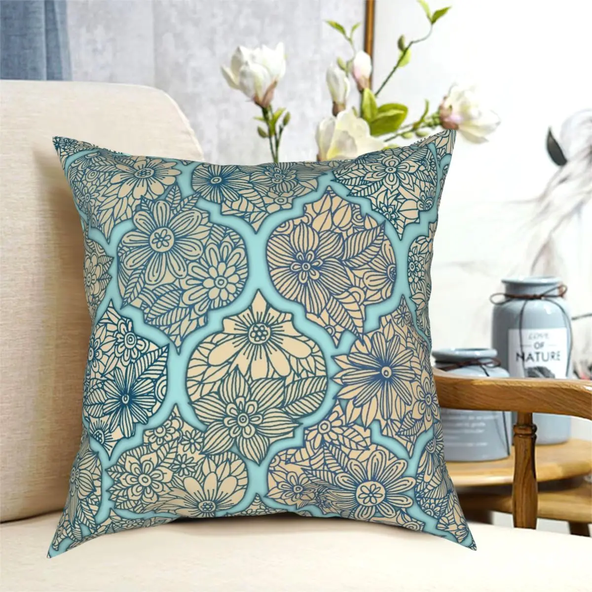 

Moroccan Floral Lattice Arrangement Aqua Teal Square Pillowcase Creative Zip Decorative Bed Cushion Cover Wholesale 45*45cm